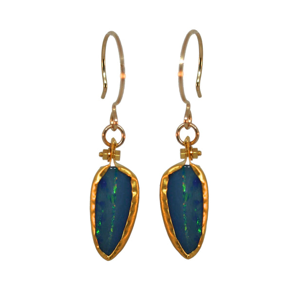 bezel wrapped blue opal earrings